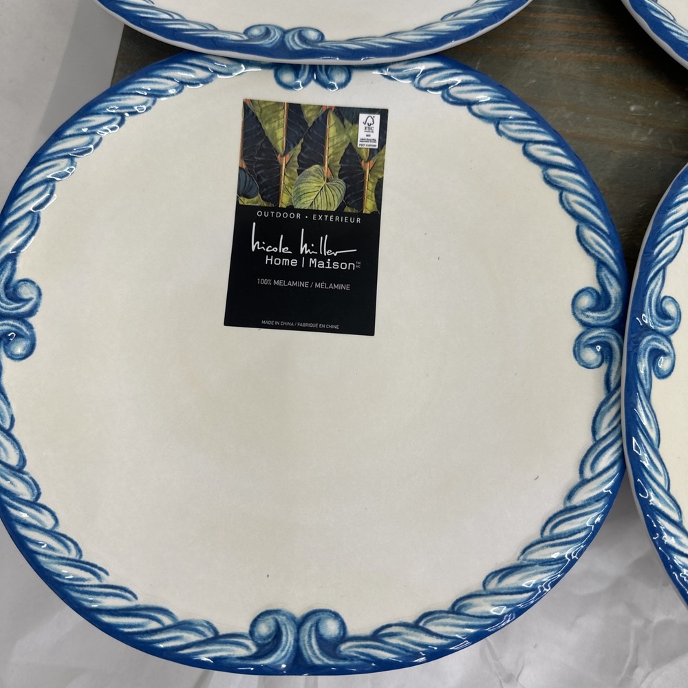 4 Nicole Miller Blue Scroll Border 9" Melamine Salad Plates NWT luncheon Set - Picture 2 of 9